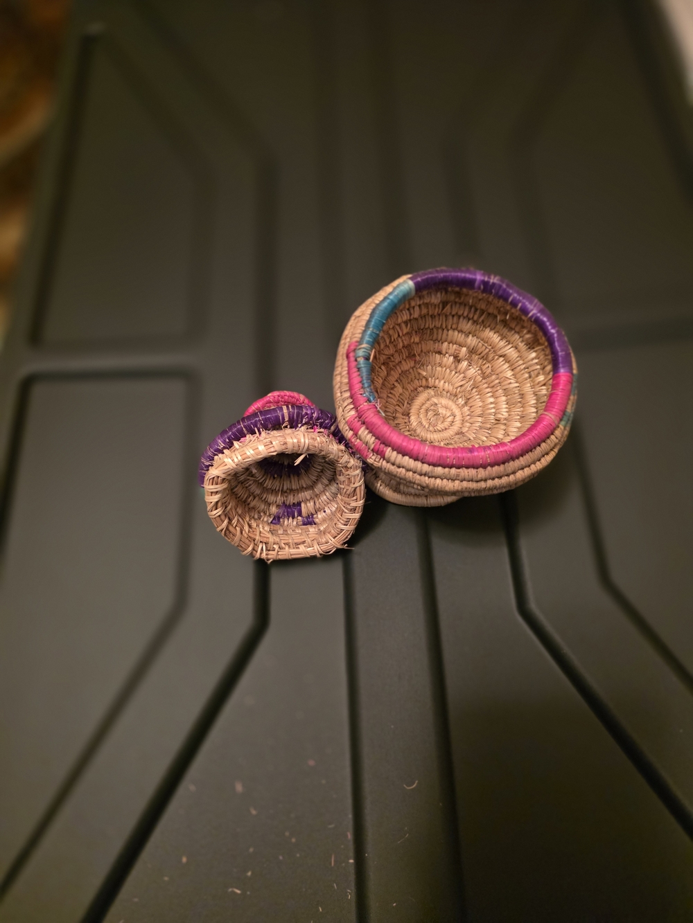 Handwoven Natural Straw Nesting Baskets with Pink & Purple Accents